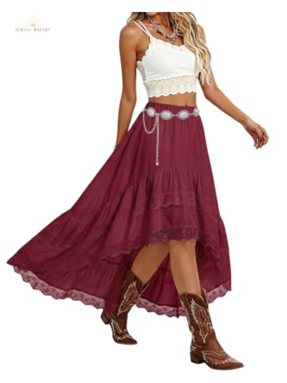 High Waist Lace Fringe Asymmetrical Midi Skirt Western Boho